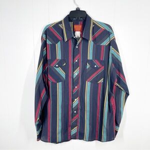 VINTAGE Rustler Navy Striped Pearl Snap Up Long Sleeve Top Extra Long Tails XL